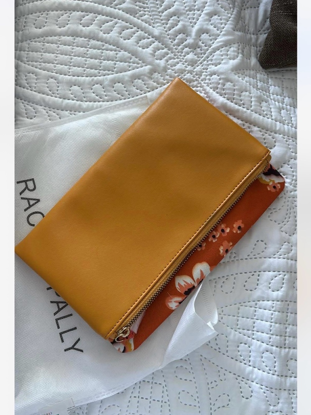 Rachel Pally Mustard Yellow Zip Clutch with Orange Floral Trim